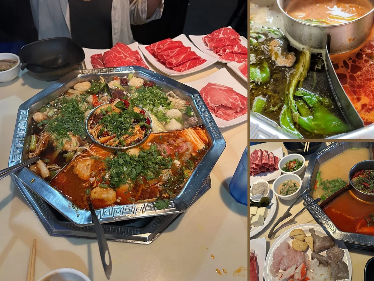 Shared dining table with hot pot ingredients