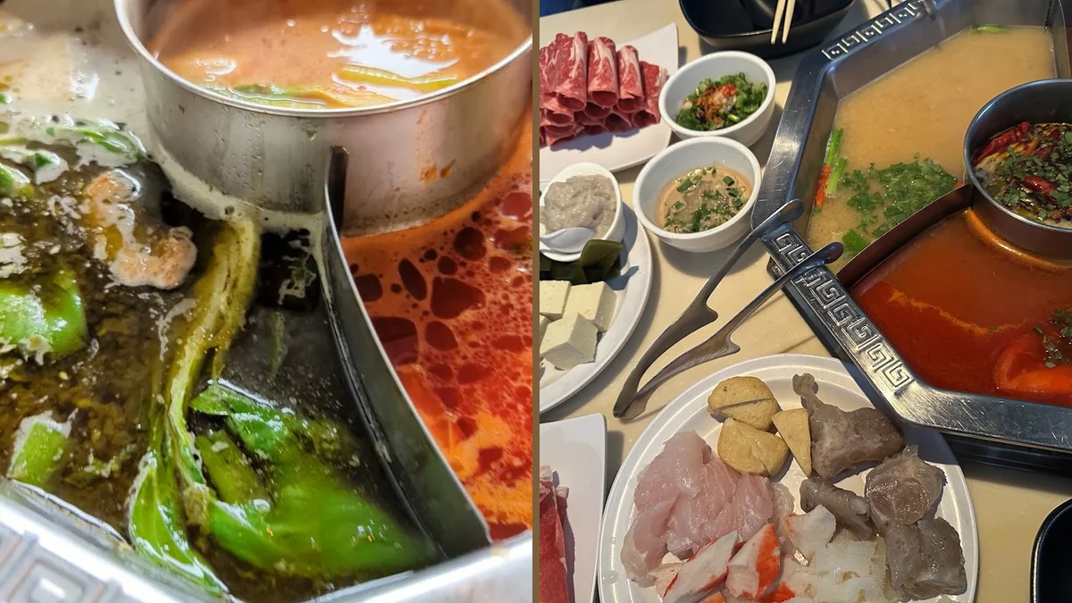 Shared dining table with hot pot ingredients